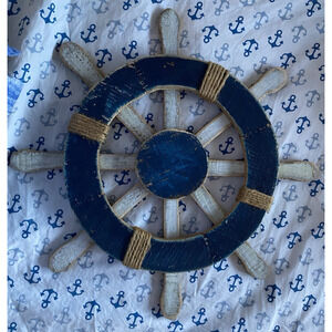 Rustic Dark Blue White Painted Wood Nautical Ship’s Wheel Wall Plaque 16.75"dia.